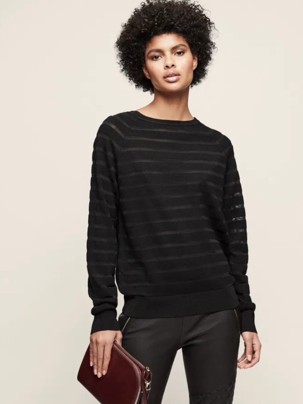 Sandro Black Sheer-Striped Crewneck Sweater